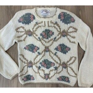 VTG Sweater Embroidered Floral Chunky Knit Women's Sz M Cottage Granny Core